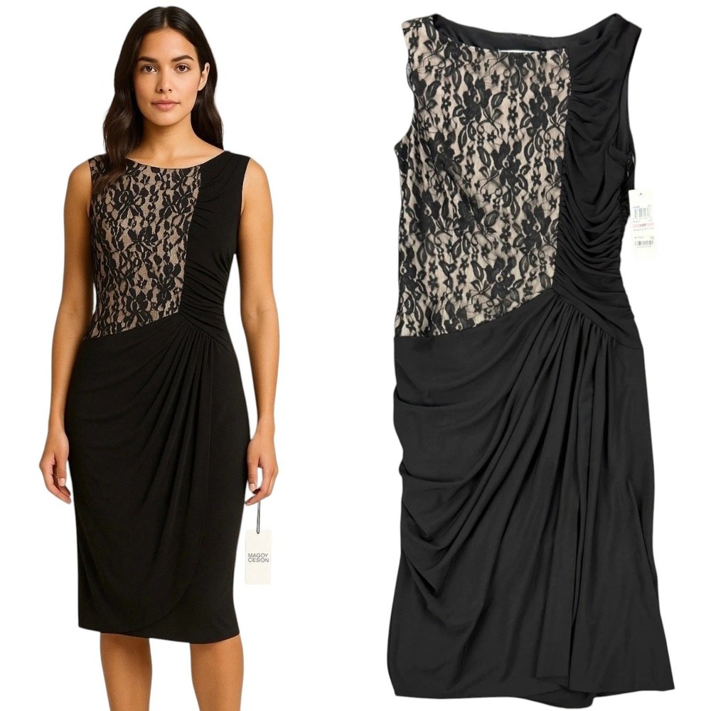 NEW Maggy London Petites Womens Size 10P Black Lace-Contrast Ruched Sheath Dress